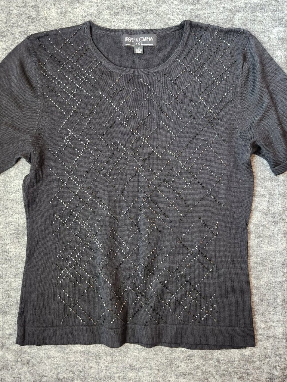 intage Kasper 100% Silk Knit Beaded Top Medium Black Short Sleeve Sweater